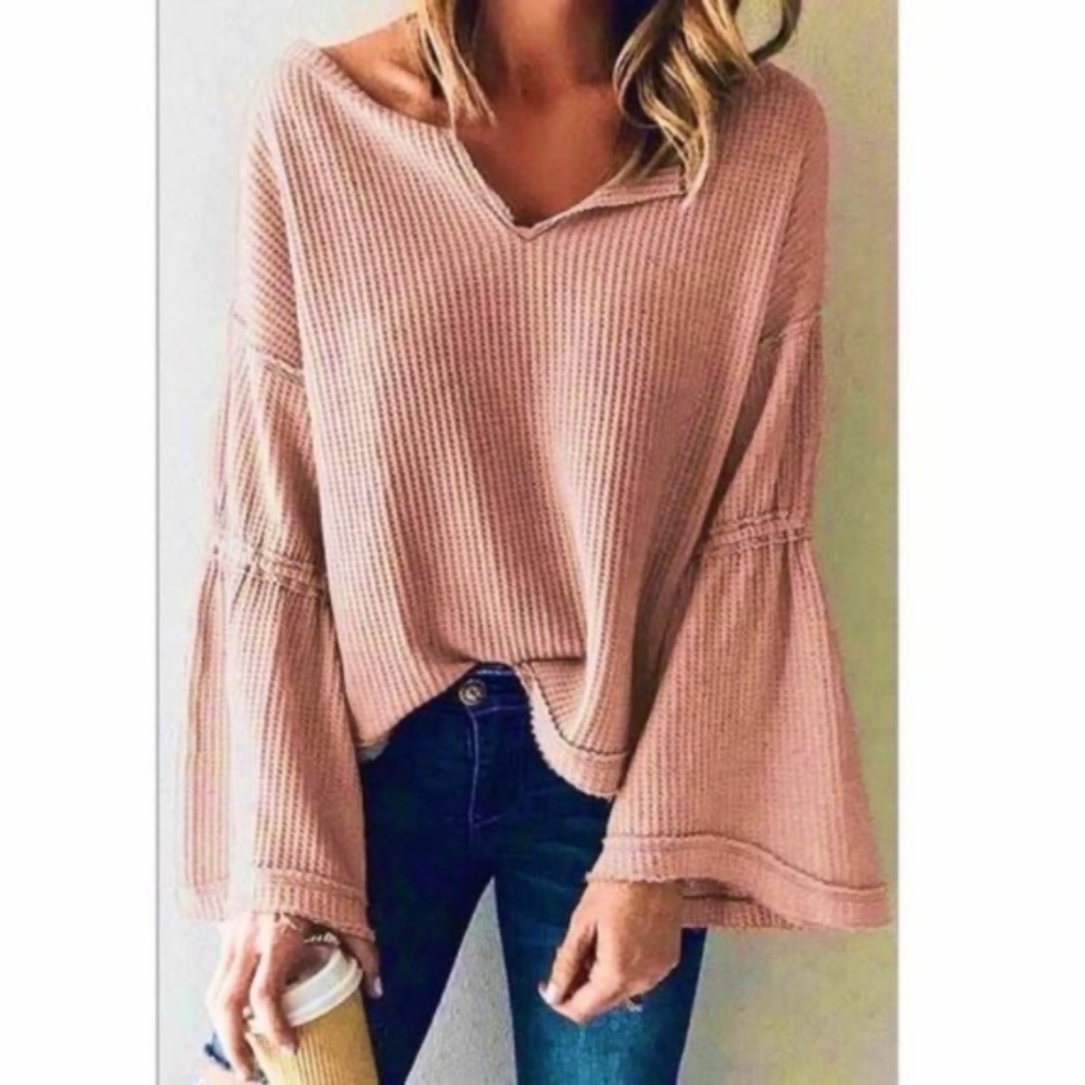 #5 Boho Pink Bell Sleeve Ribbed Top - Picture 1 of 3